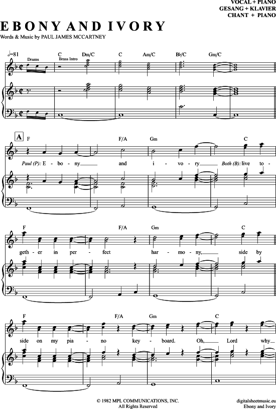 Ebony And Ivory (Klavier + Gesang) (Klavier Gesang  Gitarre) von Paul Mccartney Stevie Wonder