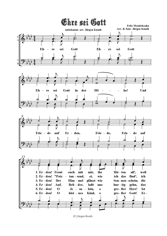 Ehre sei Gott (Gemischter Chor) (Gemischter Chor) von Felix Mendelssohn Arr. Satz J rgen Knuth