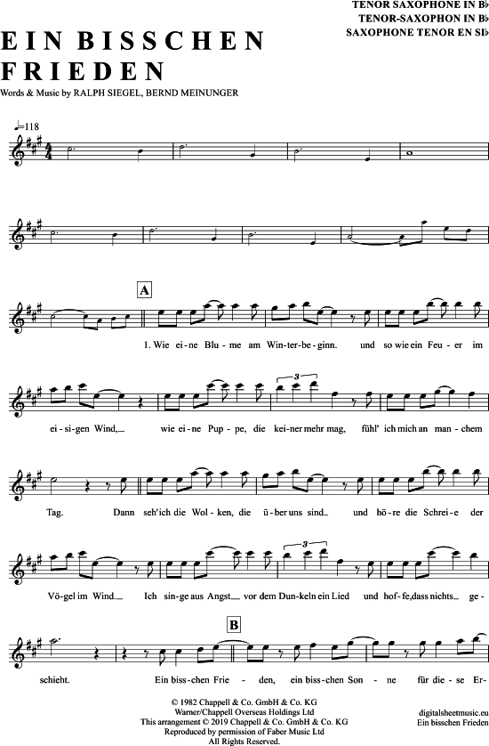 Ein Bisschen Frieden (Tenor-Sax) (Tenor Saxophon) von Nicole