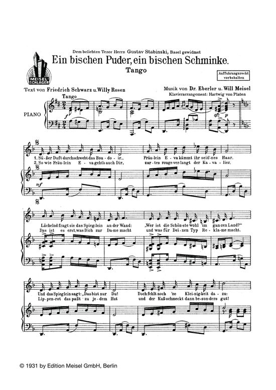 Ein bisschen Puder ein bisschen Schminke (Klavier + Gesang) (Klavier Gesang  Gitarre) von Siegfried Arno 