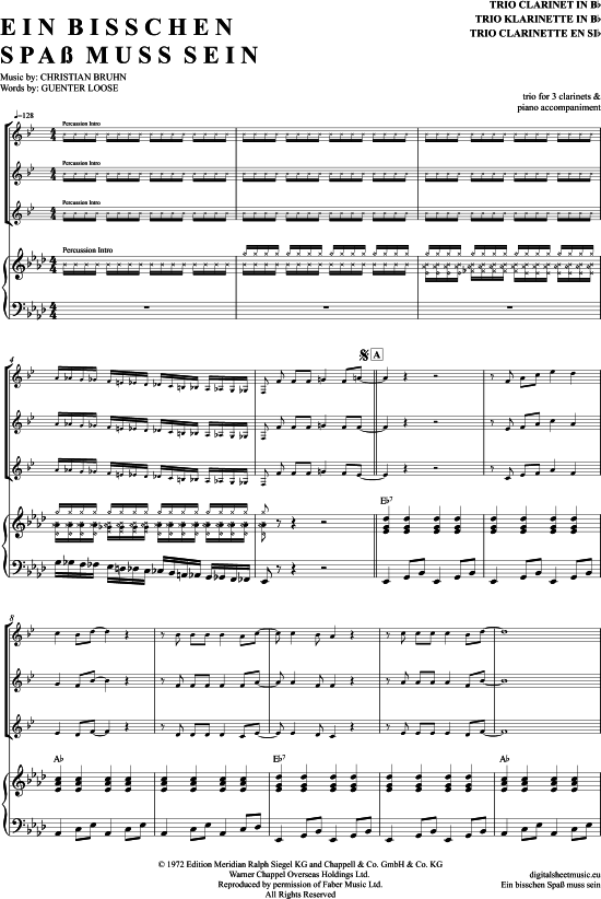 Ein Bisschen Spa Muss Sein (Klarinetten Trio + Klavier) (Trio (Klarinette)) von Roberto Blanco