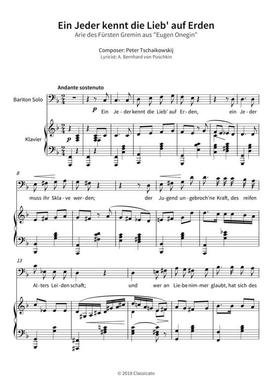 Ein Jeder kennt die Lieb auf Erden - Arie des F rsten Gremin aus Eugen Onegin (Gesang + Klavier) (Klavier  Gesang) von Peter Tschaikowskij