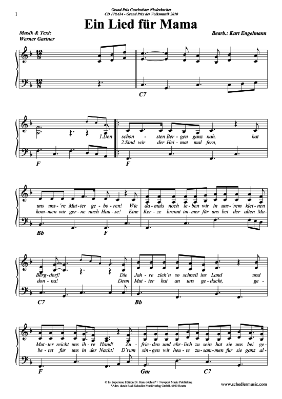 Ein Lied f uuml r Mama (Klavier + Gesang) (Klavier Gesang  Gitarre) von Geschwister Niederbacher