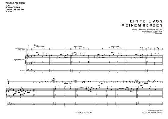 Ein Teil von meinem Herzen (Tenor Sopran Saxophon + Orgel) (Orgel  Tenor Saxophon) von Jonathan Zelter (arr. WO)