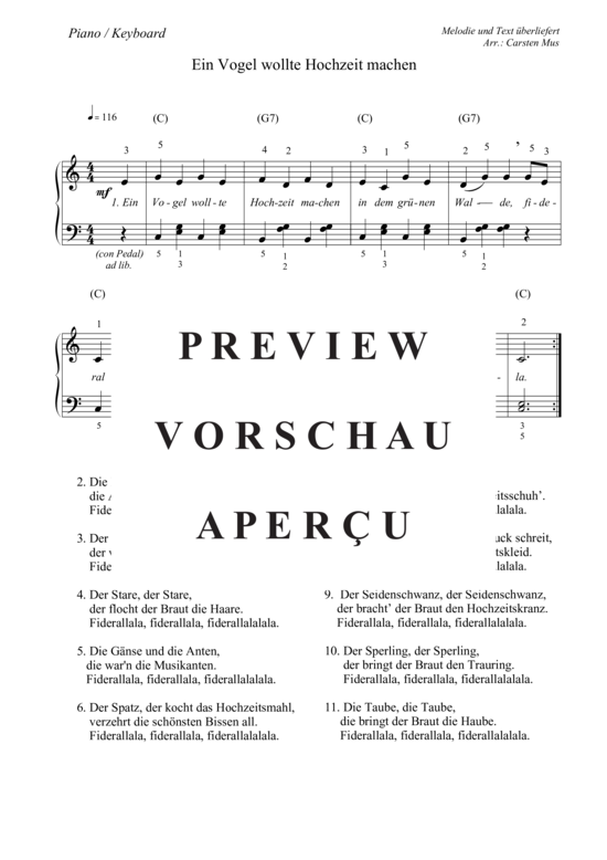 Ein Vogel wollte Hochzeit machen (Vers.3) in C (Piano  Keyboard) (Klavier einfach) (Klavier einfach) von Traditional