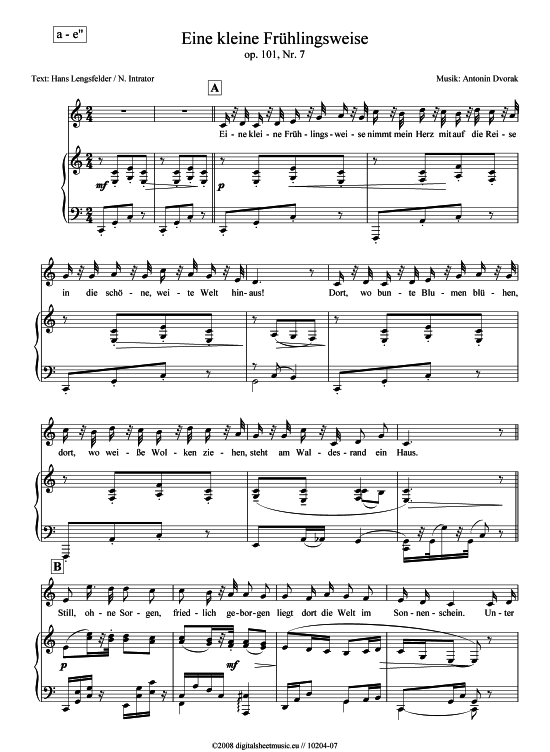Eine kleine Fr hlingsweise tief (a-e) (Klavier  Gesang) von Antonin Dvorak (1841-1904)