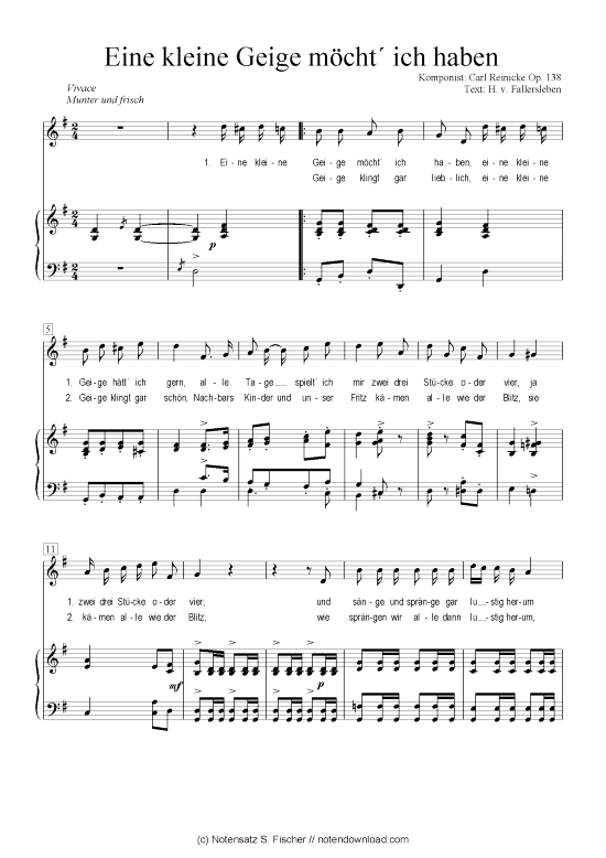 Eine kleine Geige m cht ich haben (Klavier + Gesang) (Klavier  Gesang) von Carl Reinecke Op. 138  H. v. Fallersleben