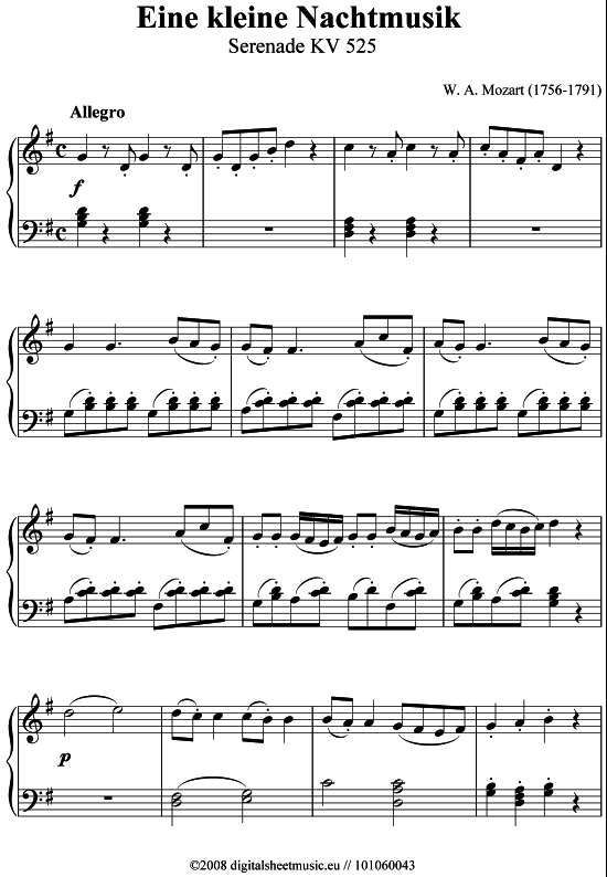 Eine Kleine Nachtmusik Klavier Solo PDF Noten Von W A Mozart