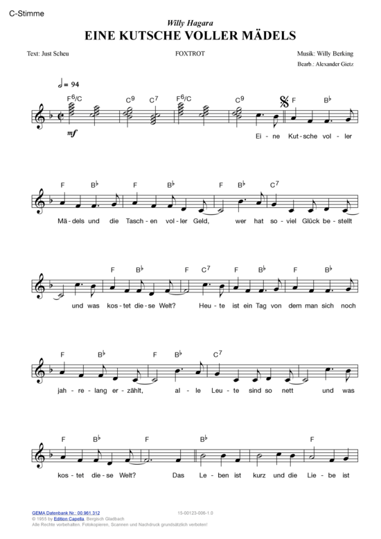 Eine Kutsche voller M auml dels (Melodie-Stimmen in C B Es) (Stimmen in C B Es) von Willy Hagara