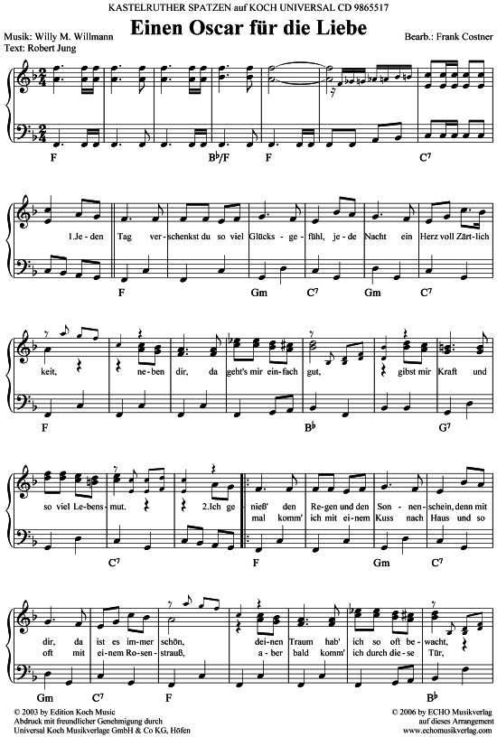 Einen Oscar f r die Liebe (Klavier Gesang  Gitarre) von Kastelruther Spatzen