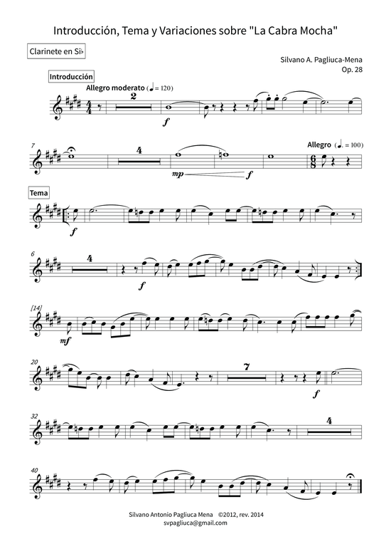 Einleitung Thema und Variationen zu La Cabra Mocha f r Jugendorchester (nur Einzelstimmen) (Orchester) von Silvano A. Pagliuca-Mena