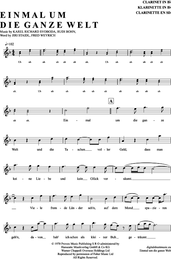 Einmal Um Die Ganze Welt (Klarinette in B) (Klarinette) von Karel Gott
