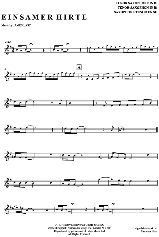 Einsamer Hirte (Lonely Shepherd) (Tenor-Sax) (Tenor Saxophon) von James Last