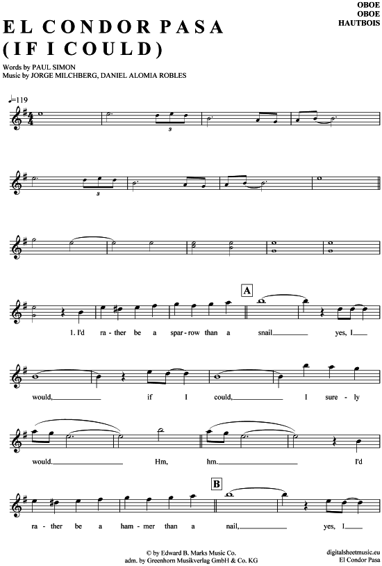El Condor Pasa (If I Could) (Oboe) (Oboe Fagott) von Simon amp Garfunkel