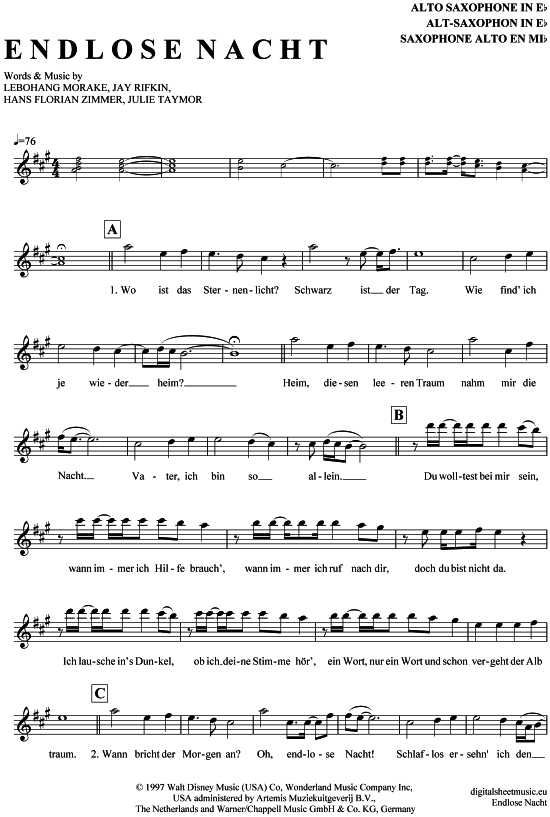 Endlose Nacht (Alt-Sax) (Alt Saxophon) von K nig der L wen (Musical)