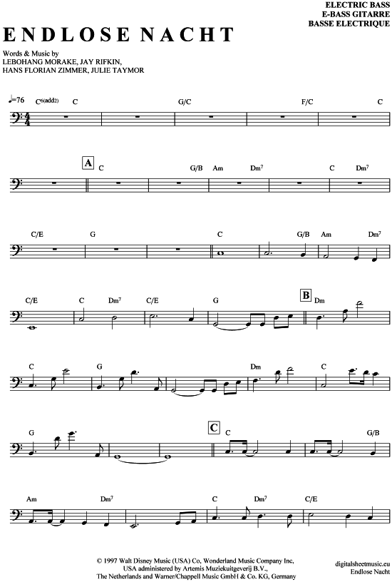 Endlose Nacht (E-Bass) (E Bass) von K nig der L wen (Musical)