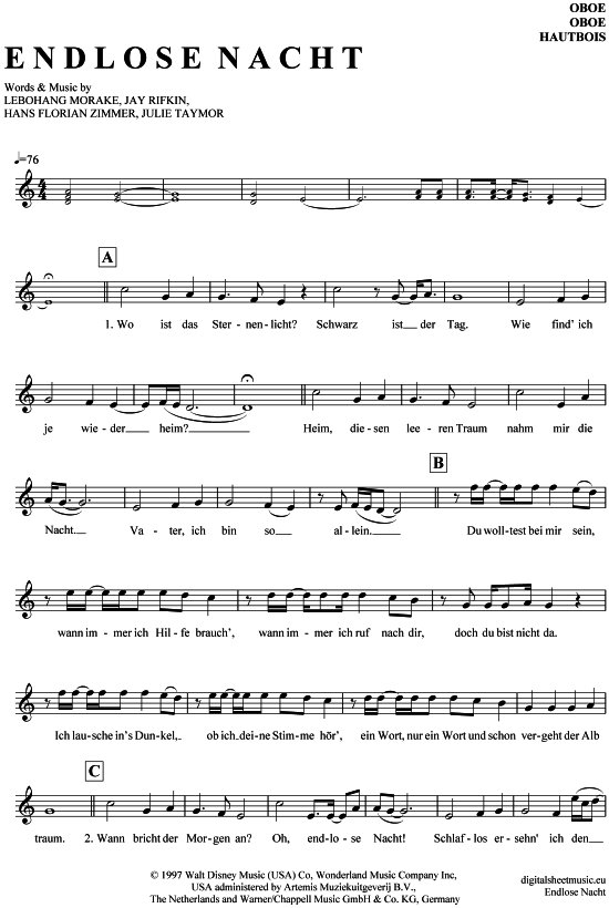 Endlose Nacht (Oboe) () von K nig der L wen (Musical)