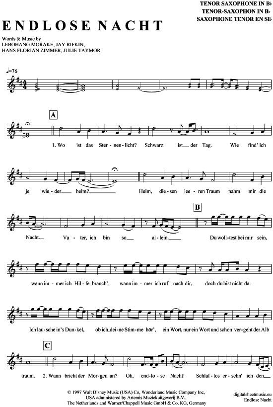 Endlose Nacht (Tenor-Sax) (Tenor Saxophon) von K nig der L wen (Musical)