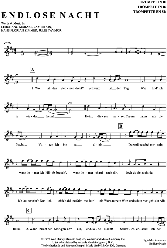 Endlose Nacht (Trompete in B) (Trompete) von K nig der L wen (Musical)