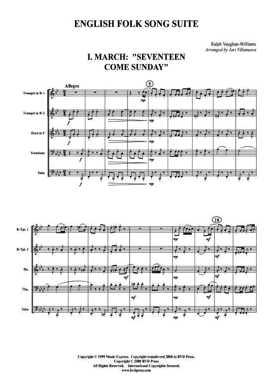 English Folk Song Suite (Blechbl serquintett) (Quintett (Blech Brass)) von Vaughan Williams (arr. Villanueva)