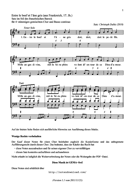 Entre le boef et l ne gris (Satz im Stil von Charpentier) GCH (Gemischter Chor) von Melodie anonym Satz Christoph Dalitz 