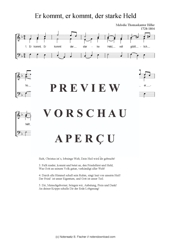 Er kommt er kommt der starke Held (Gemischter Chor SAB) (Gemischter Chor (SAB)) von Melodie Thomaskantor Hiller 1728-1804