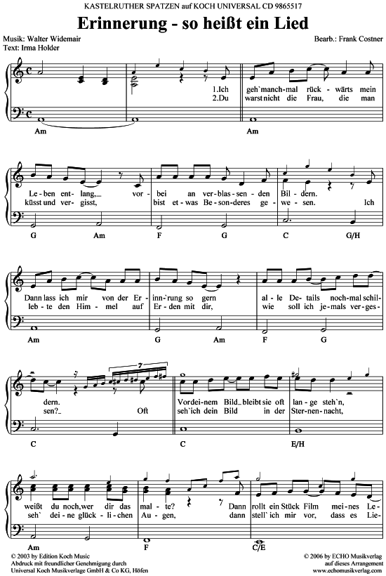 Erinnerung - so hei t ein Lied (Klavier Gesang  Gitarre) von Kastelruther Spatzen