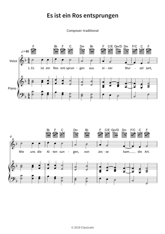 Es ist ein Ros entsprungen (Gesang + Klavier Gitarre) (Klavier Gesang  Gitarre) von traditional