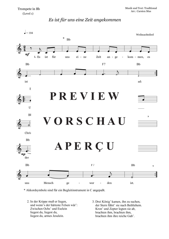 Es ist f r uns eine Zeit angekommen (Level 1) (Trompete in B Solo + Akkorde) (Trompete) von Traditional