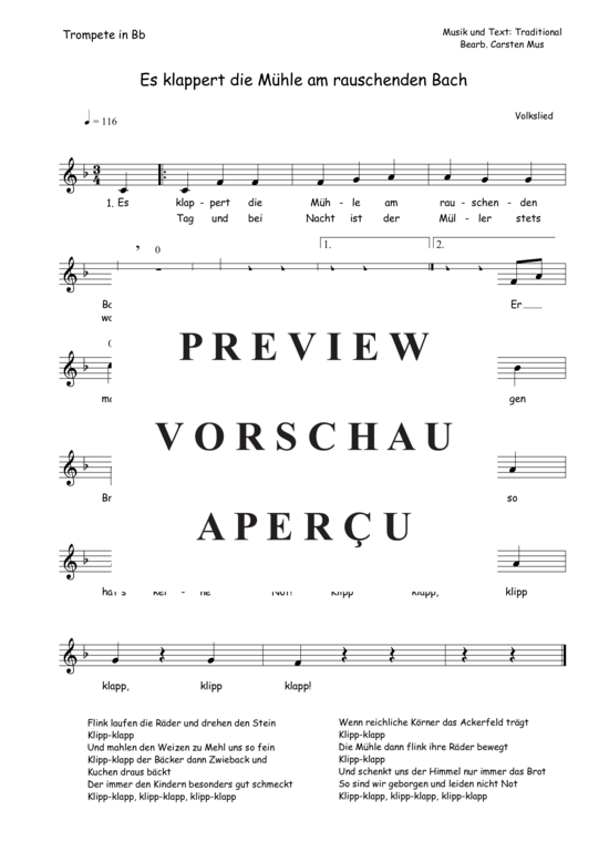 Es klappert die M hle am rauschenden Bach (F - Dur) (Trompete in B Solo) (Trompete) von Traditional