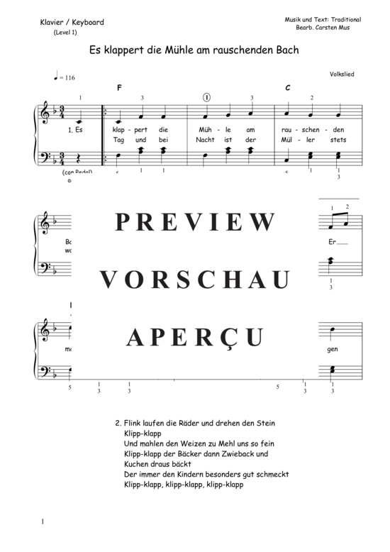 Es klappert die M hle am rauschenden Bach (Level 1) (Klavier Solo) (Klavier Solo) von Traditional