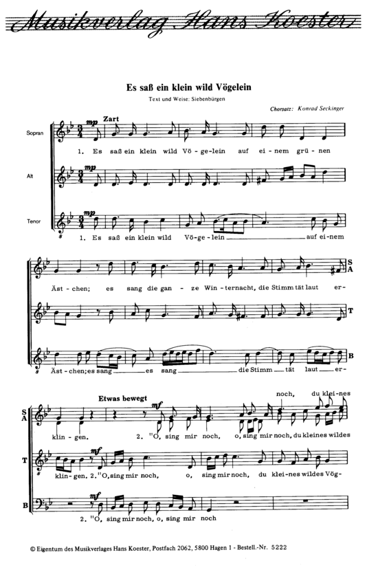 Es sa szlig ein Klein wild V ouml gelein (Gemischter Chor 3-stimmig) (Gemischter Chor (SAB)) von Konrad Seckinger (aus Siebenb uuml rgen)
