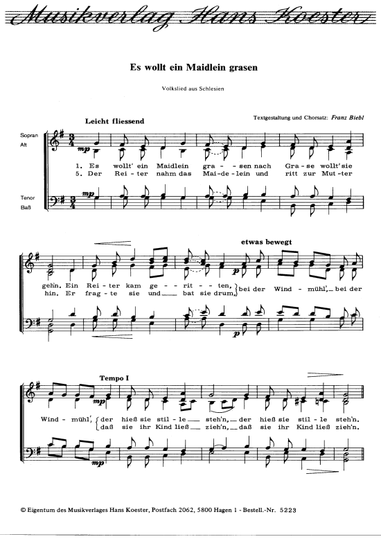 Es wollt ein Maidlein grasen (Gemischer Chor) (Gemischter Chor) von Gerhard Winkler (Satz Franz Abt)