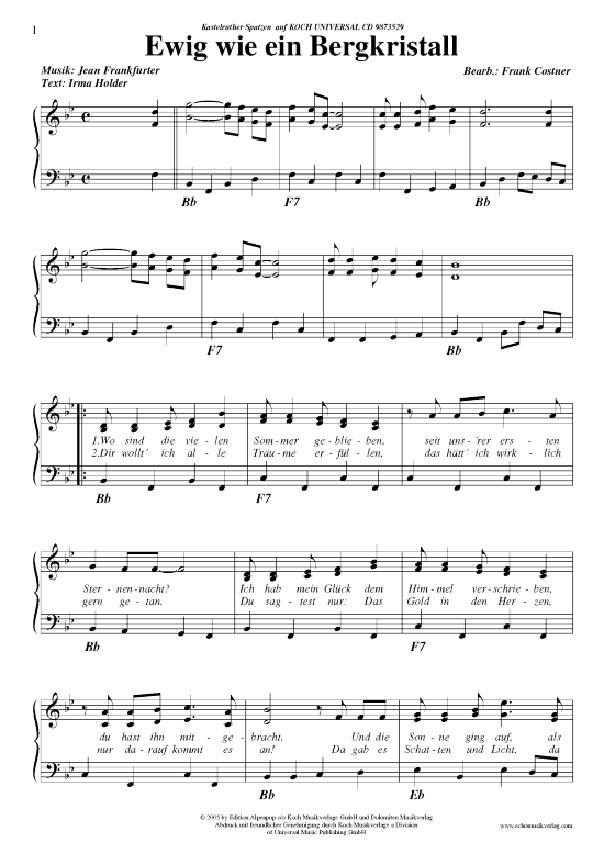 Ewig wie ein Bergkristall (Klavier Gesang  Gitarre) von Kastelruther Spatzen