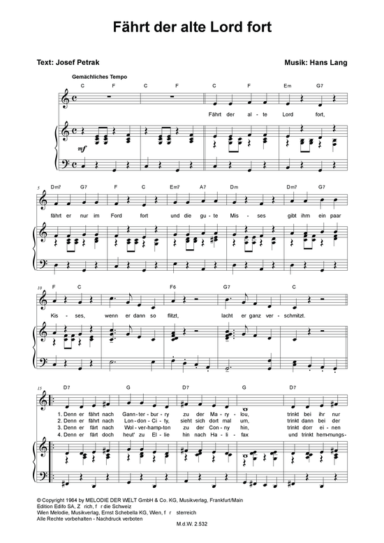 F auml hrt der alte Lord fort (Klavier + Gesang) (Klavier Gesang  Gitarre) von Heinz Erhardt