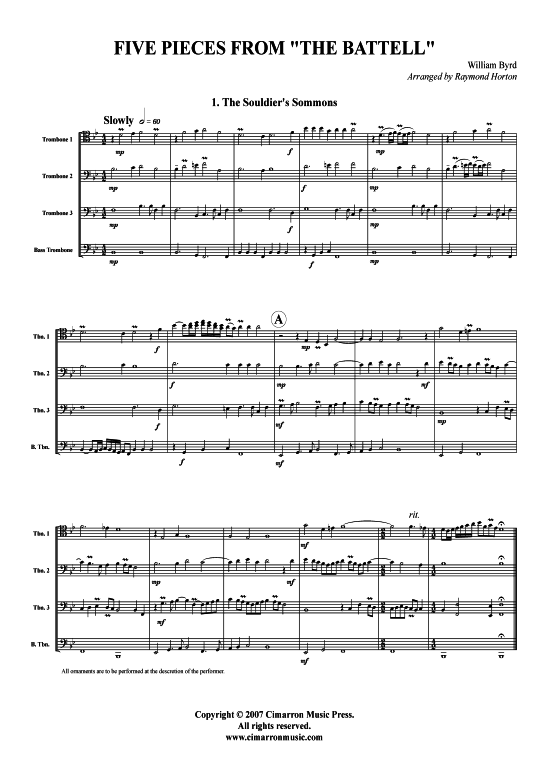 F uuml nf St uuml cke (Posaunen-Quartett) (Quartett (Posaune)) von William Byrd (aus The Battel)