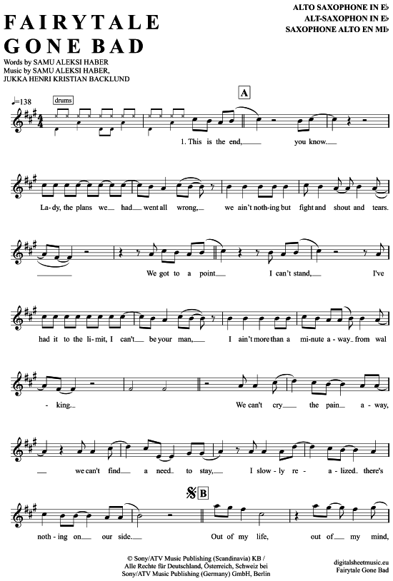 Fairytale Gone Bad (Alt-Sax) (Alt Saxophon) von Sunrise Avenue