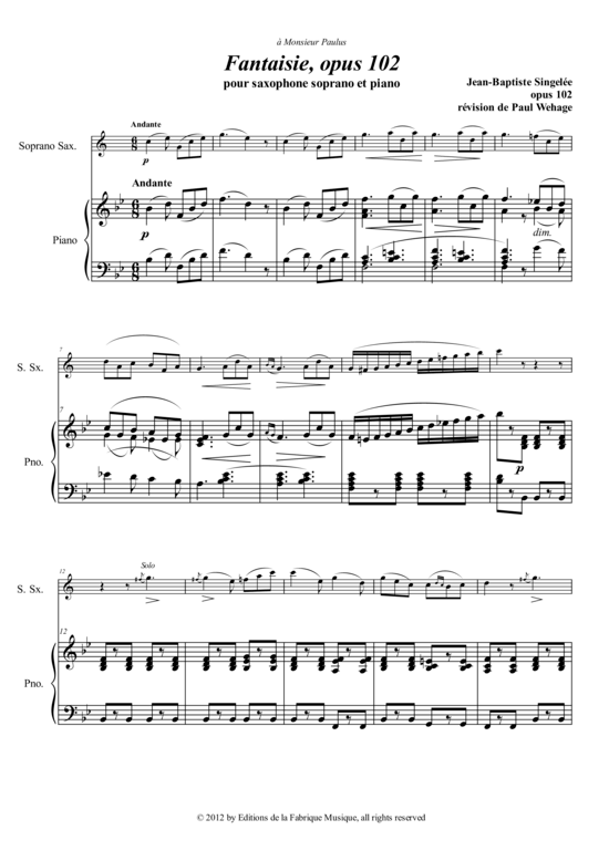 Fantaisie Opus 102 (Sopran-Saxophon + Klavier) (Klavier  Sopran Saxophon) von Jean-Baptiste Singelee