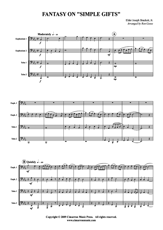 Fantasy auf Simple Gifts (Tuba Quartett 2x Bariton 2xTuba) (Quartett (Tuba)) von Joseph Brackett
