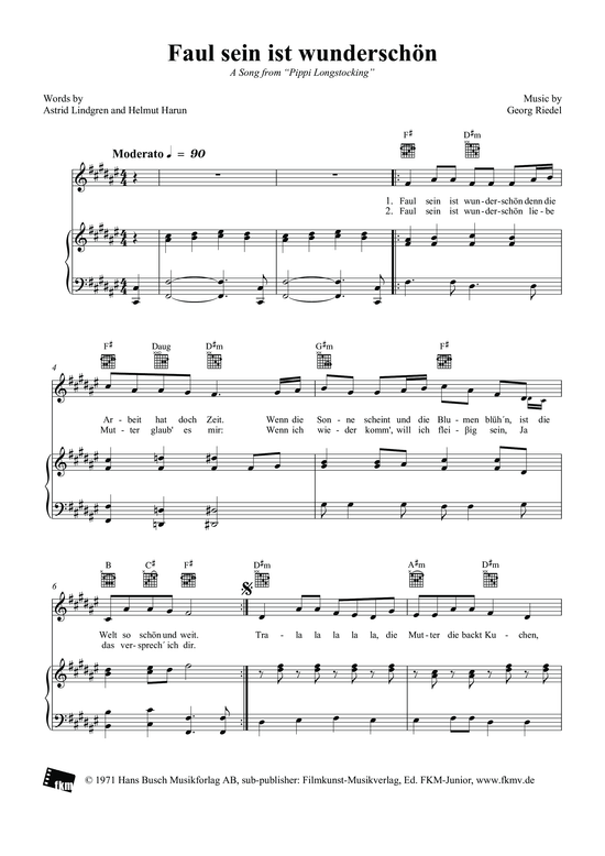 Faul sein ist wundersch n (Original-Tonart) (Klavier + Gesang) (Klavier Gesang  Gitarre) von TV Serie Pippi Langstrumpf 