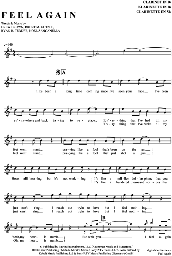 Feel again (Klarinette in B) (Klarinette) von OneRepublic