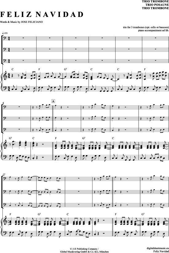 Feliz Navidad (Posaunen Trio + Klavier) (Trio (Posaune)) von Jose Feliciano