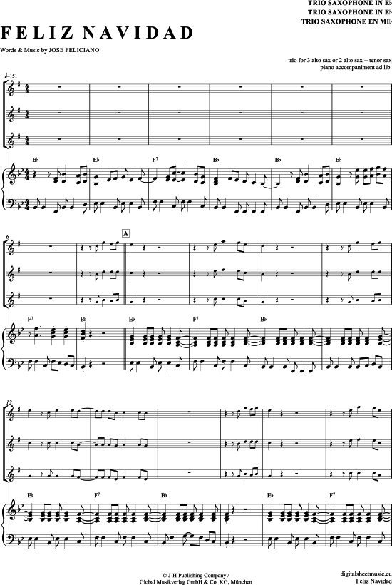 Feliz Navidad (Saxophon Trio AAA(T) + Klavier) (Trio (Saxophon)) von Jose Feliciano