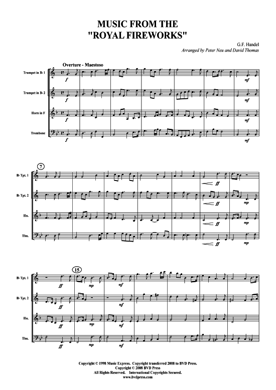 Feuerwerksmusik  Royal Fireworks Suite HWV 351 (2xTromp in B Horn in F (Pos) Pos) (Quartett (Blech Brass)) von G. F. H ndel (arr. Thomas)