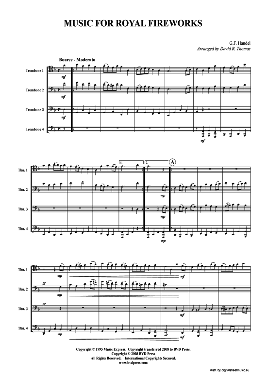 Feuerwerksmusik Royal Fireworks Suite (Posaunen-Quartett) (Quartett (Posaune)) von G. F. H ndel HWV 51 (arr. Thomas)