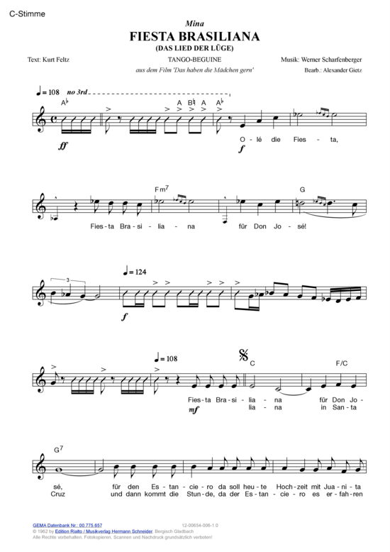 Fiesta Brasiliana (Das Lied der L uuml ge) (Melodie-Stimmen in C B Es) (Stimmen in C B Es) von Mina