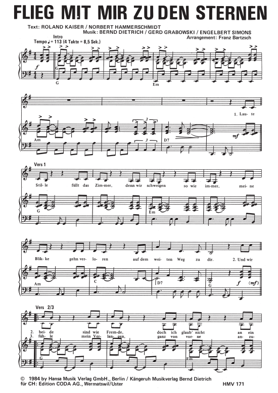 Flieg mit mir zu den Sternen (Klavier + Gesang) (Klavier Gesang  Gitarre) von Roland Kaiser