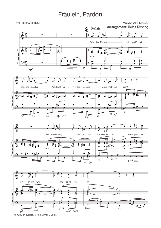 Fr auml ulein Pardon (Klavier + Gesang) (Klavier Gesang  Gitarre) von Das Palast Orchester mit seinem S auml nger Max Raabe
