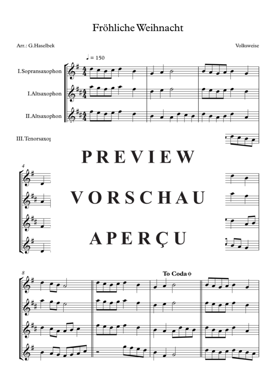 Fr ouml hliche Weihnacht (Saxophon Trio S A A T) (Trio (Saxophon)) von Trad. Weihnachtslied