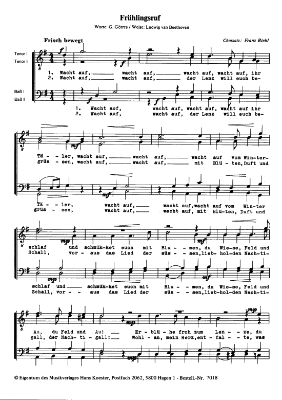 Fr uuml hlingsruf (M auml nnerchor) (M nnerchor) von Ludwig van Beethoven (Satz Franz Biebl)